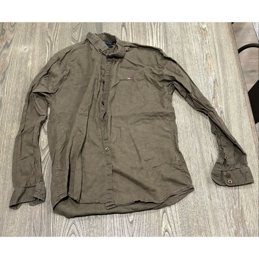 Tommy Hilfiger Mens Button-Down Shirt Long Sleeve Slim-Fit Cotton Brown Size M